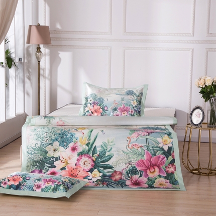 91家纺网 家纺一手货源 找家纺 2024年数码印花欧式宽边冰丝席三件套空调软席双人花卉款凉席