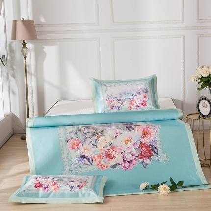 91家纺网 家纺一手货源 找家纺 2024年数码印花欧式宽边冰丝席三件套空调软席双人花卉款凉席