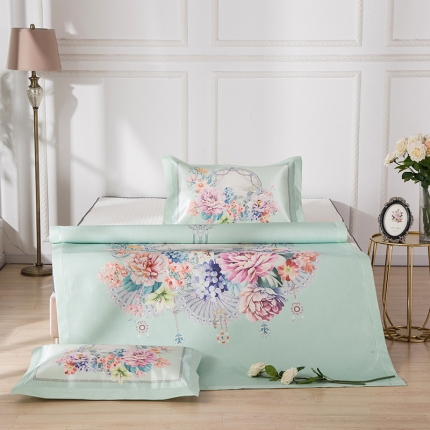 91家纺网 家纺一手货源 找家纺 2024年数码印花欧式宽边冰丝席三件套空调软席双人花卉款凉席