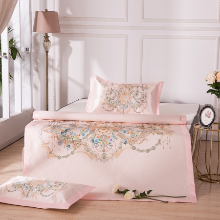 91家纺网 家纺一手货源 找家纺 2024年数码印花欧式宽边冰丝席三件套空调软席双人花卉款凉席