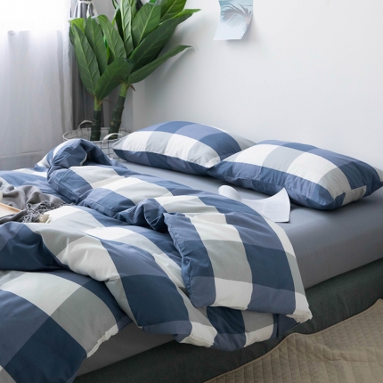 91家纺网 家纺一手货源 找家纺 简宜家居2019全棉纯棉四件套床上用品三件套小清新 蓝大格