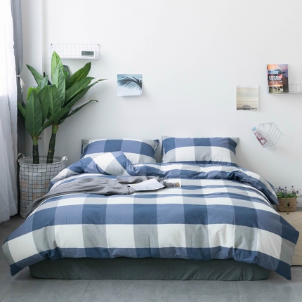 91家纺网 家纺一手货源 找家纺 简宜家居2019全棉纯棉四件套床上用品三件套小清新 蓝大格