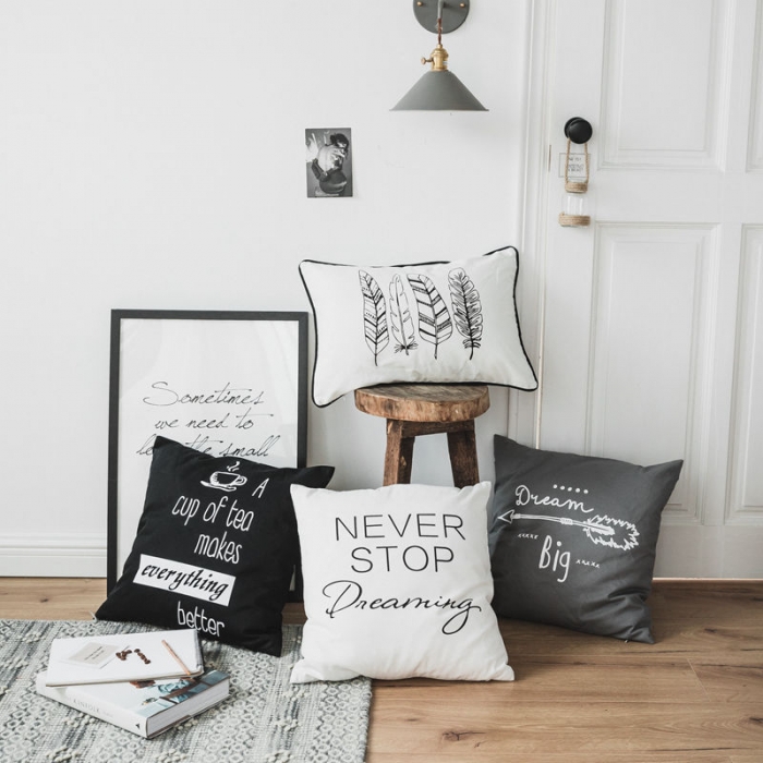 91家纺网 家纺一手货源 找家纺 美茉家居纯棉帆布黑白印花抱枕北欧简约靠垫