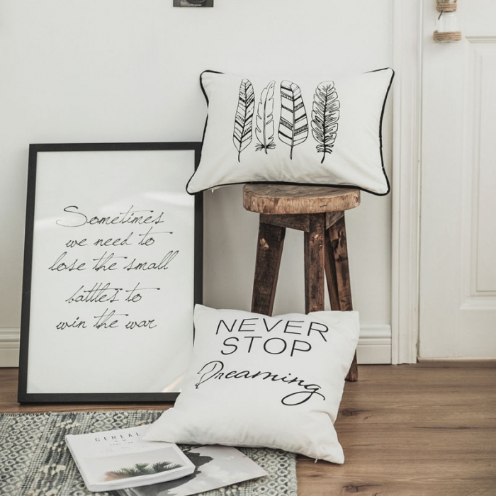 91家纺网 家纺一手货源 找家纺 美茉家居纯棉帆布黑白印花抱枕北欧简约靠垫