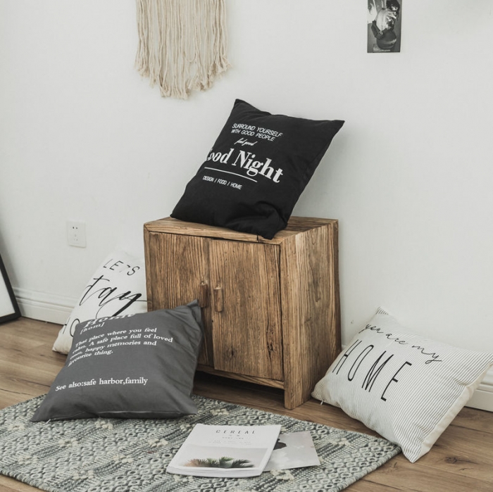 91家纺网 家纺一手货源 找家纺 美茉家居全棉帆布印花靠垫北欧黑白字母纯棉抱枕HOME