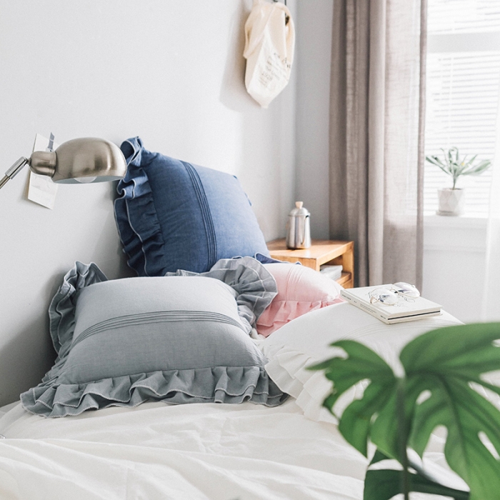 91家纺网 家纺一手货源 找家纺 美茉家居纯棉水洗棉荷叶边素色靠垫韩式木耳边简约纯色抱枕