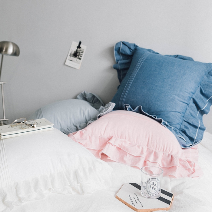 91家纺网 家纺一手货源 找家纺 美茉家居纯棉水洗棉荷叶边素色靠垫韩式木耳边简约纯色抱枕