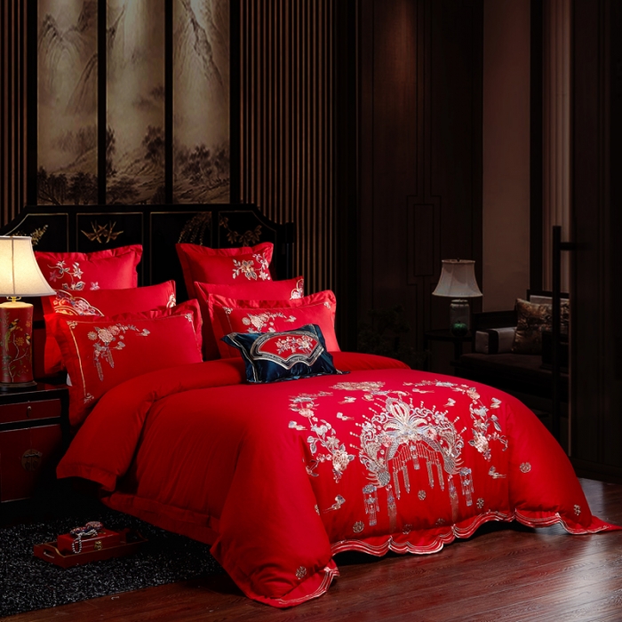 91家纺网 家纺一手货源 找家纺 2023全棉大红婚庆四件套结婚纯棉刺绣床上用品多件套
