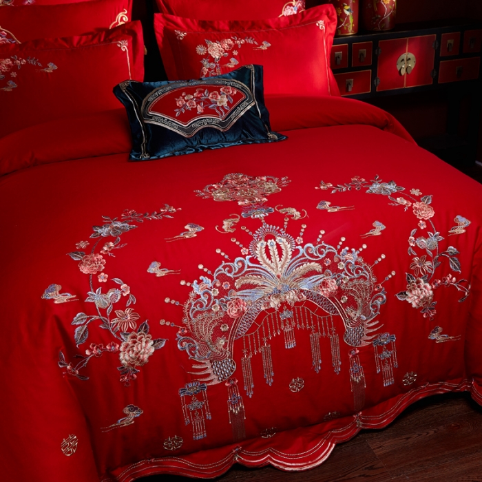 91家纺网 家纺一手货源 找家纺 2023全棉大红婚庆四件套结婚纯棉刺绣床上用品多件套