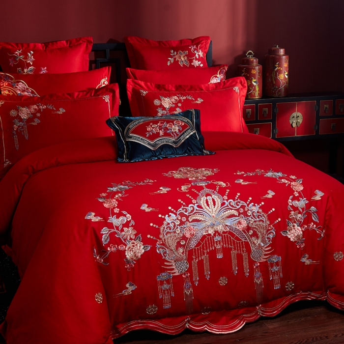 91家纺网 家纺一手货源 找家纺 2023全棉大红婚庆四件套结婚纯棉刺绣床上用品多件套
