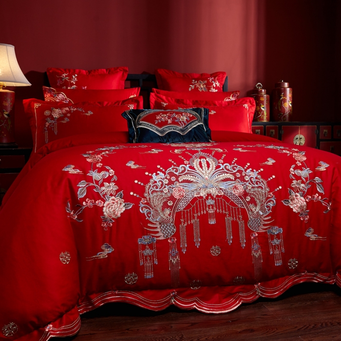 91家纺网 家纺一手货源 找家纺 2023全棉大红婚庆四件套结婚纯棉刺绣床上用品多件套