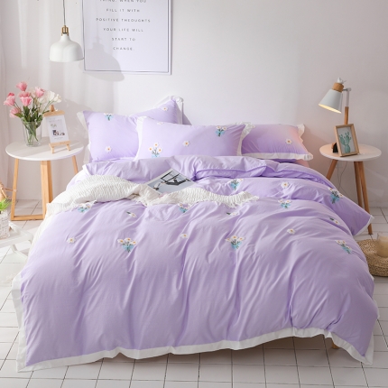 91家纺网 家纺一手货源 找家纺 雨菲家纺 网红爆款水洗棉小雏菊毛巾绣拼角宽边花边四件套