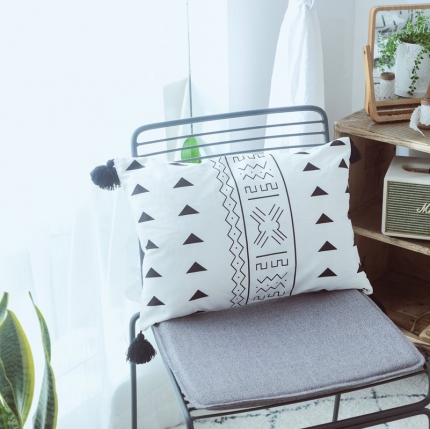 91家纺网 家纺一手货源 找家纺 美茉家居2019 纯棉帆布黑白印花抱枕北欧简约点线流苏