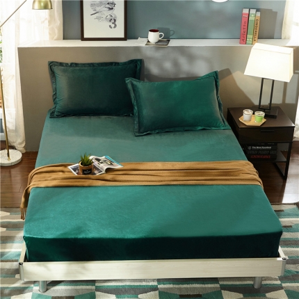 金龙家纺 水晶绒纯色单层床笠可配枕套-墨绿