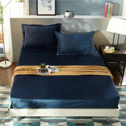 金龙家纺 水晶绒纯色单层床笠可配枕套-深蓝