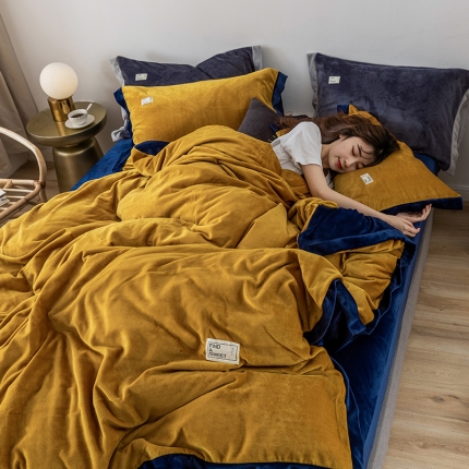 润缦 2019新款牛奶绒终版四件套 秋黄藏青