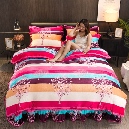 91家纺网 家纺一手货源 找家纺 佰诗特新品牛奶金貂绒 水晶床裙款加厚貂狐绒法兰绒法莱绒四件套