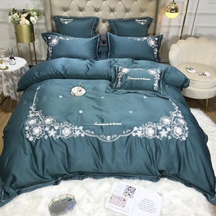 91家纺网 家纺一手货源 找家纺 祺瑞佳 2022水洗真丝全棉绣花四件套-LOVE 墨绿