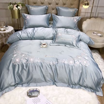 91家纺网 家纺一手货源 找家纺 祺瑞佳 2022水洗真丝全棉绣花四件套-LOVE 水绿