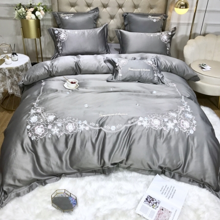 91家纺网 家纺一手货源 找家纺 祺瑞佳 2022水洗真丝全棉绣花四件套-LOVE 灰