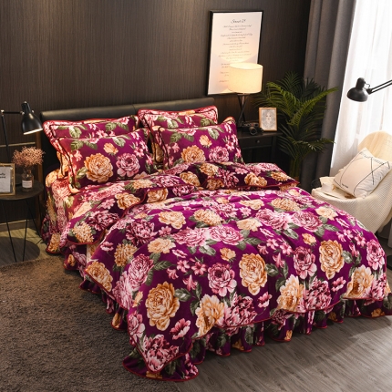 91家纺网 家纺一手货源 找家纺 佰诗特新品牛奶金貂绒 水晶法莱绒貂狐绒加厚法兰绒床裙款四件套