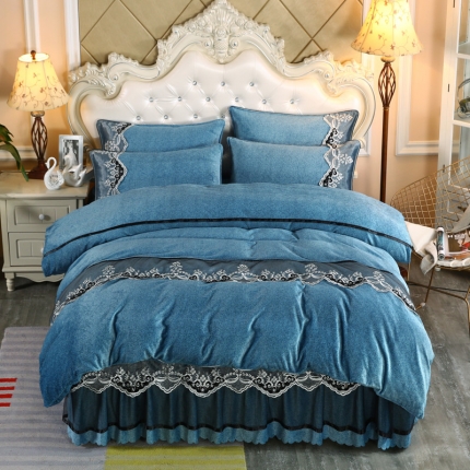 91家纺网 家纺一手货源 找家纺 情恒家纺 2020新款牛奶绒床裙款四件套 高贵蓝