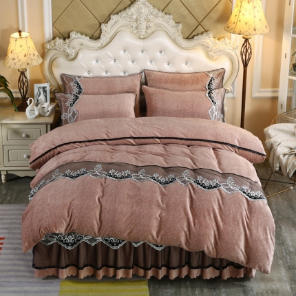 91家纺网 家纺一手货源 找家纺 情恒家纺 2020新款牛奶绒床裙款四件套 迷情咖