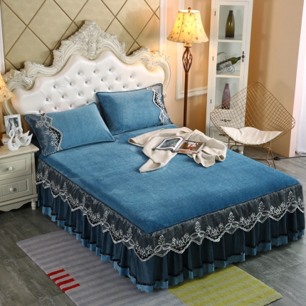 91家纺网 家纺一手货源 找家纺 情恒家纺 2020新款牛奶绒单床裙单被套单枕套 高贵蓝