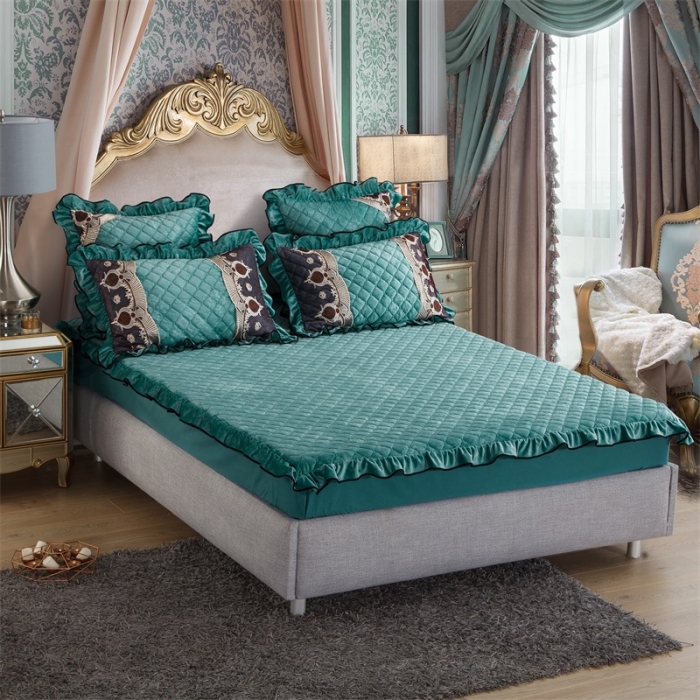 91家纺网 家纺一手货源 找家纺 兴美佳水晶绒压花拉链款单床裙-豪庭盛世 翡翠绿