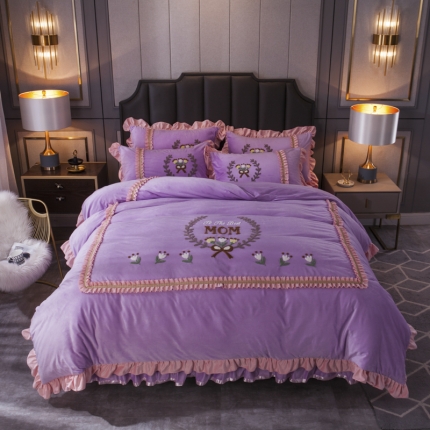 兴美佳 羊棉绒双层花边床裙四件套-甜蜜节日 紫色