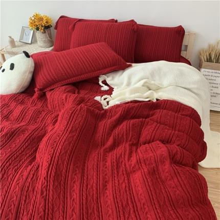 91家纺网 家纺一手货源 找家纺 眠屿 2019新款针织绒四件套  大红