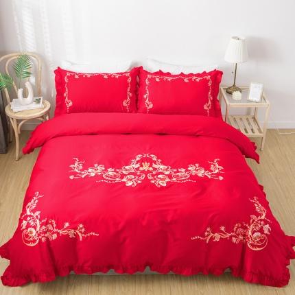 91家纺网 家纺一手货源 找家纺 雲归梦 2019新款60S长绒棉绣花四件套 花漾-大红