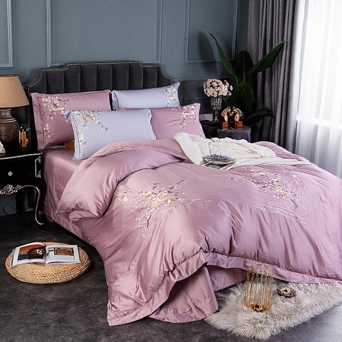 91家纺网 家纺一手货源 找家纺 雲归梦 2019新款60S长绒棉绣花四件套 风雅小筑-深豆沙