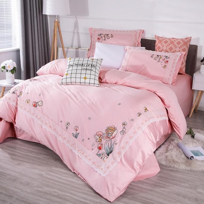 91家纺网 家纺一手货源 找家纺 雲归梦 2019新款60S长绒棉绣花四件套 花仙子粉