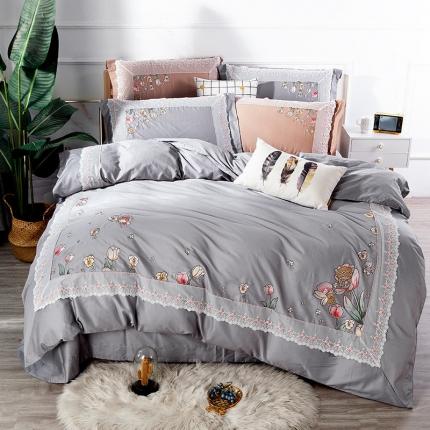 雲归梦 2019新款60S长绒棉绣花四件套 花仙子灰色