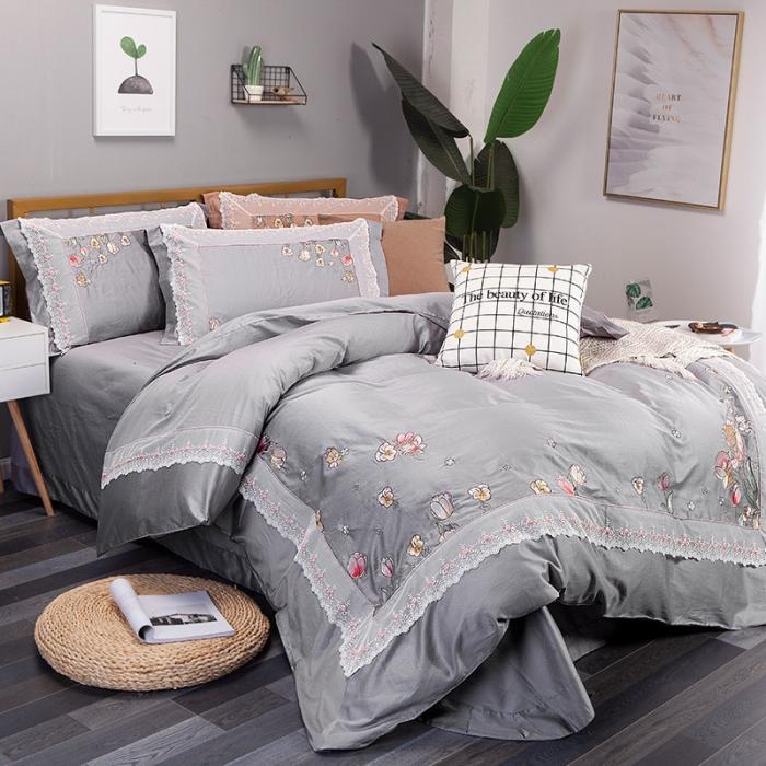 91家纺网 家纺一手货源 找家纺 雲归梦 2019新款60S长绒棉绣花四件套 花仙子灰色
