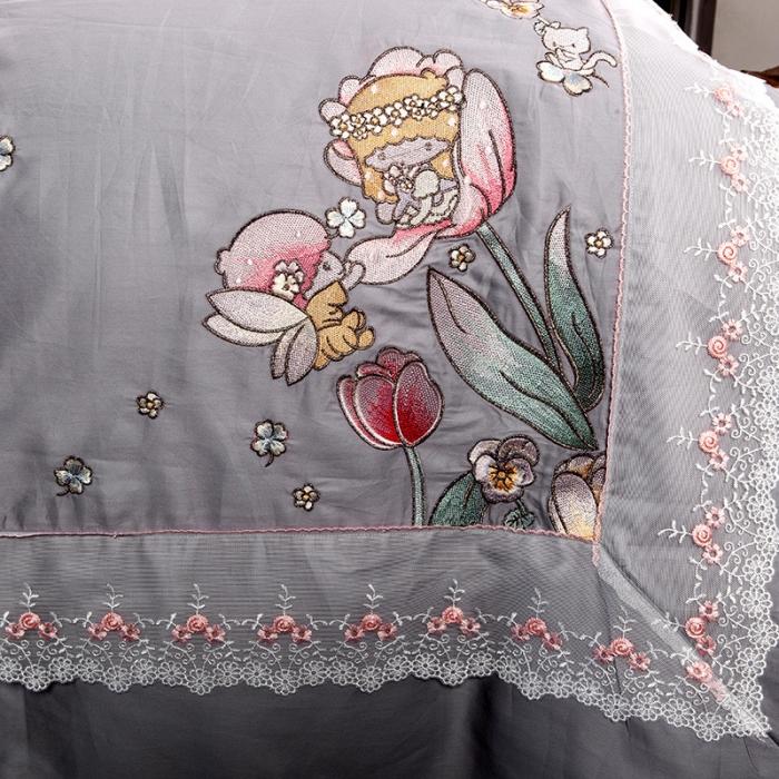91家纺网 家纺一手货源 找家纺 雲归梦 2019新款60S长绒棉绣花四件套 花仙子灰色