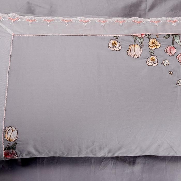 91家纺网 家纺一手货源 找家纺 雲归梦 2019新款60S长绒棉绣花四件套 花仙子灰色