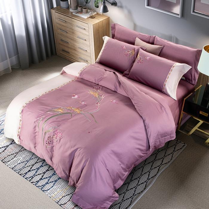 91家纺网 家纺一手货源 找家纺 雲归梦 2019新款60S长绒棉绣花四件套 花香鸟语-豆沙