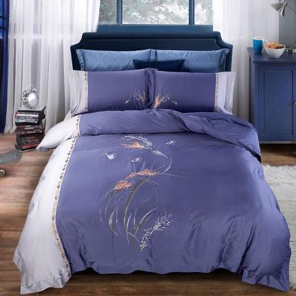 雲归梦 2019新款60S长绒棉绣花四件套 花香鸟语-皇室蓝