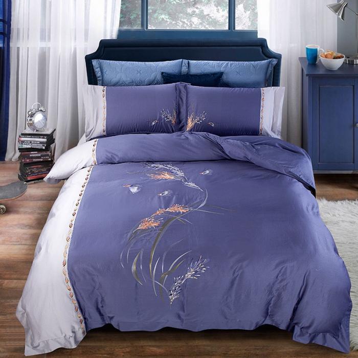 91家纺网 家纺一手货源 找家纺 雲归梦 2019新款60S长绒棉绣花四件套 花香鸟语-皇室蓝