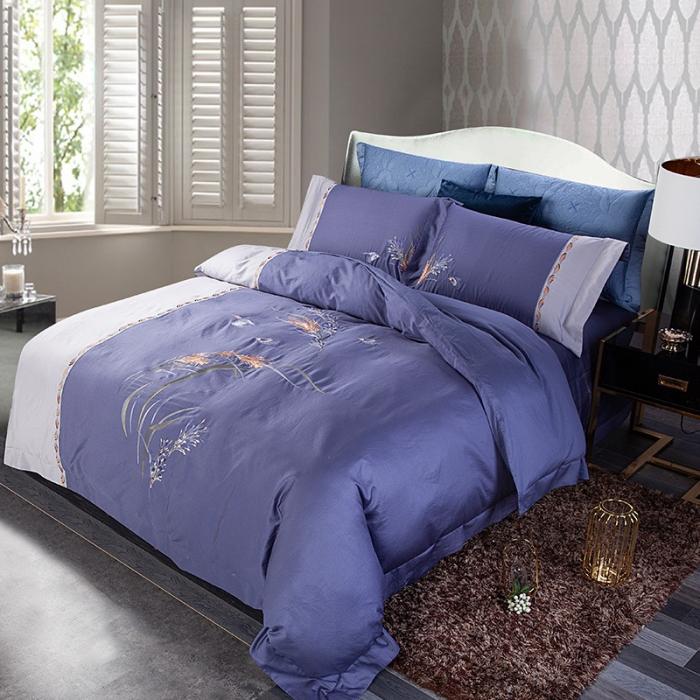 91家纺网 家纺一手货源 找家纺 雲归梦 2019新款60S长绒棉绣花四件套 花香鸟语-皇室蓝