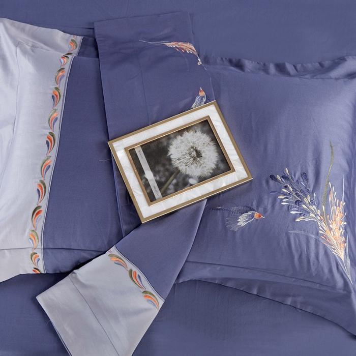 91家纺网 家纺一手货源 找家纺 雲归梦 2019新款60S长绒棉绣花四件套 花香鸟语-皇室蓝