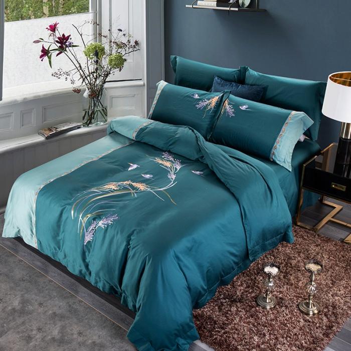 91家纺网 家纺一手货源 找家纺 雲归梦 2019新款60S长绒棉绣花四件套 花香鸟语-墨绿