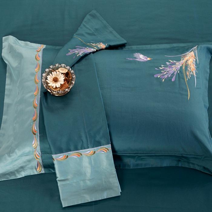91家纺网 家纺一手货源 找家纺 雲归梦 2019新款60S长绒棉绣花四件套 花香鸟语-墨绿