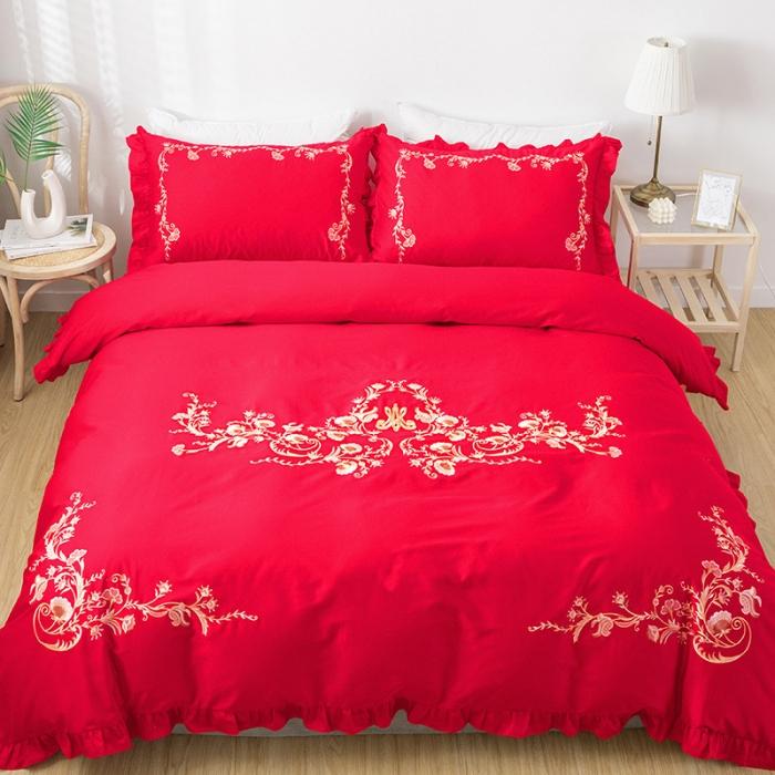 91家纺网 家纺一手货源 找家纺 雲归梦 2019新款60S长绒棉绣花四件套 花漾-大红