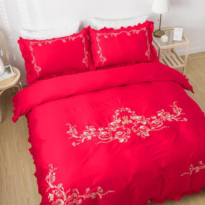 91家纺网 家纺一手货源 找家纺 雲归梦 2019新款60S长绒棉绣花四件套 花漾-大红