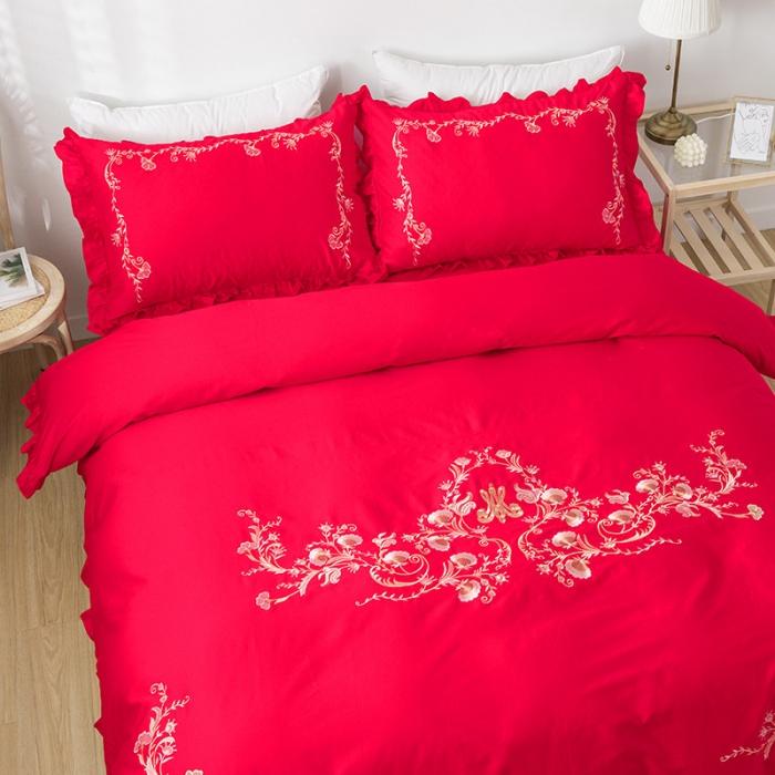 91家纺网 家纺一手货源 找家纺 雲归梦 2019新款60S长绒棉绣花四件套 花漾-大红