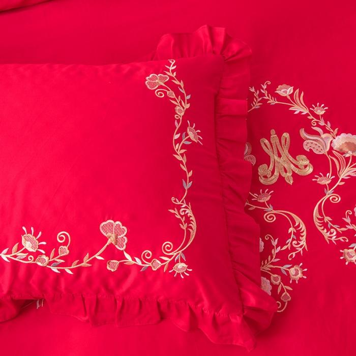 91家纺网 家纺一手货源 找家纺 雲归梦 2019新款60S长绒棉绣花四件套 花漾-大红