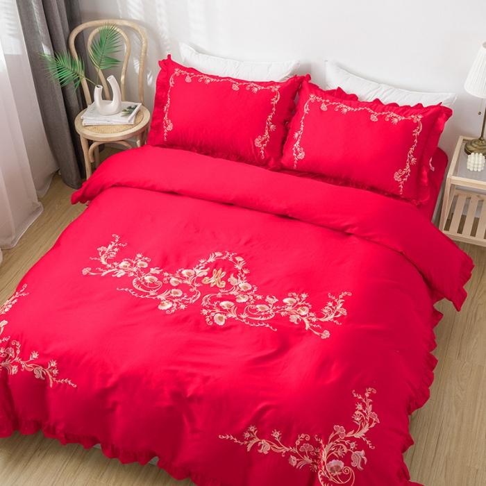 91家纺网 家纺一手货源 找家纺 雲归梦 2019新款60S长绒棉绣花四件套 花漾-大红